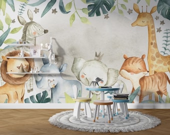Safari-Tiertapete, abnehmbares Kinder-Kinderzimmer-Wandbild, Dschungel-Safari-Tiere