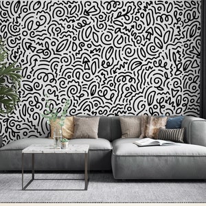 Black and White Pattern Wallpaper, Living Room Wallpaper, Peel and Stick, Fabric Wall Mural, Temporary Wallpaper