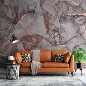 A Gray and Pink Marble Texture with Copper Swirls Wallpaper, Colorful Peel and Stick Wall Mural