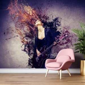 Colorful Hair Woman Wallpaper, Music Wallpaper, Guitar Wallpaper, Wall Decor, Vinyl Wallpaper