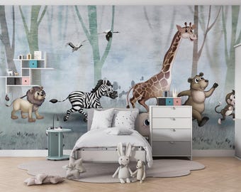 Carta da parati murale con animali per la cameretta dei bambini: arte murale rimovibile, stacca e attacca