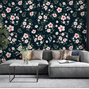 Pattern Dark Floral Wallpaper, Fabric Wallpaper, Peel and Stick, Removable Wallpaper, Living Room Wall Mural
