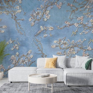 Blue Chinoiserie Wallpaper, Trees Bird Wallpaper, Floral Wallpaper, Background Wallpaper, Peel and Stick, Wall Decor