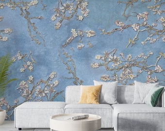 Blue Chinoiserie Wallpaper, Trees Bird Wallpaper, Floral Wallpaper, Background Wallpaper, Peel and Stick, Wall Decor