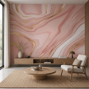 May include: A wall mural featuring a swirling pattern of dusty rose, white, and gold metallic veins. The design mimics the appearance of polished agate stone, creating a continuous, flowing aesthetic across the entire surface of the wall.