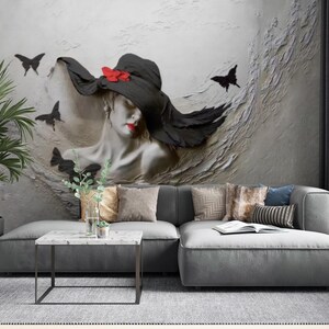3d Black Hat Woman Wallpaper, Peel and Stick Art Wall Mural, Removable Wall Decor