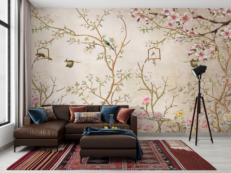 Brown Chinoiserie Wallpaper Trees Bird Wallpaper Flower | Etsy