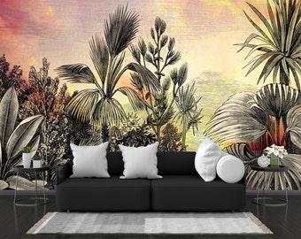 Tropical Vivid Colours Green and Gray Tropical Wallpaper, Floral Wallpaper, Peel and Stick, Wall Mural