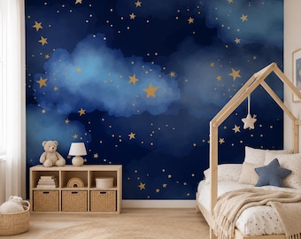 Carta da parati murale per cameretta dei bambini con stelle: decorazione murale per cameretta dei bambini con adesivi staccabili