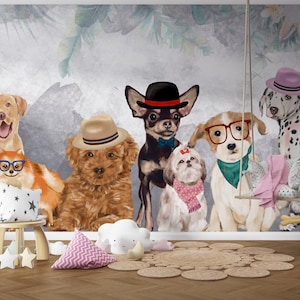 Cute Dogs Kids Room Wallpaper Nursery Wall Mural, Peel and Stick Wall Decor