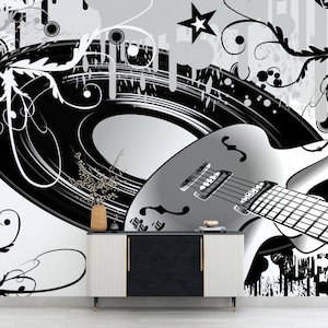 Carta da parati per chitarra elettrica, decalcomania con note musicali per parete, murale per bar musicale, decorazione da parete, carta da parati in vinile