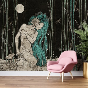 Fondo de pantalla de naturaleza y mujer, papel pintado de arte, pelar y pegar, mural de pared de arte de línea corporal femenina, autoadhesivo