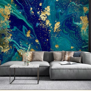 Carta da parati in marmo blu e oro con sfumature dorate e decorazione murale per soggiorno