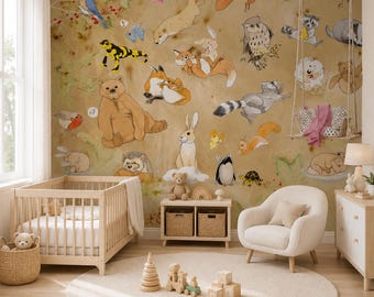 Carta da parati per la camera dei bambini con animali, decorazione murale per la cameretta dei bambini, decorazione da parete con stacca e incolla