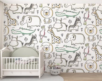 Carta da parati con disegni di animali per camerette dei bambini, murale per camerette dei bambini, decorazione murale rimovibile