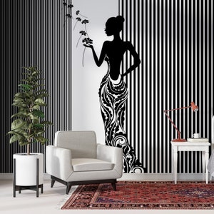 Fondo de pantalla de silueta de mujer en blanco y negro, mural de pared de cáscara y palo de cuerpo femenino, arte de pared extraíble