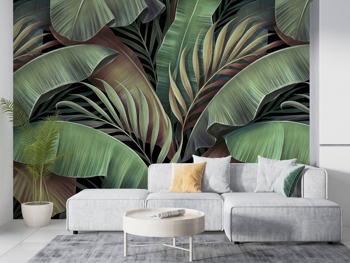 Green Tropical Palm Leaf Wallpaper: Peel and Stick Wall Mural - Etsy