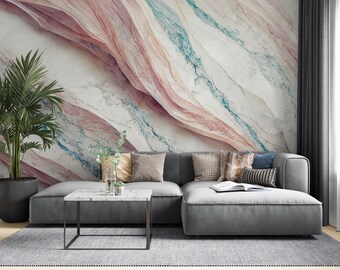 Pink and Blue Marble Wallpaper, Living Room Peel and Stick Wall Mural, Home Decor