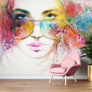 Colorful Peel and Stick Woman Wallpaper, Woman with Colorful Hair Art Wallpaper