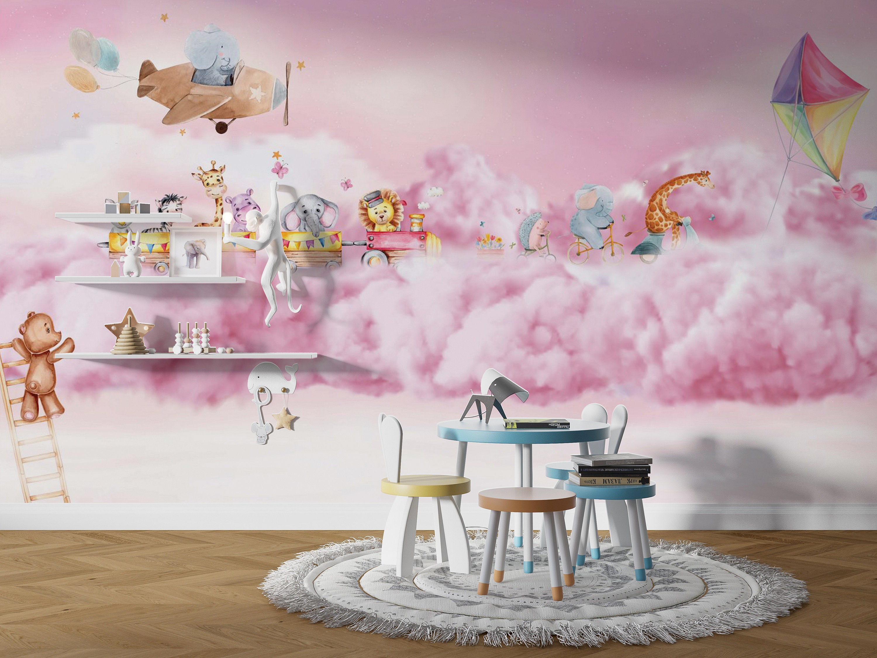 Pink Animals Kids Room Wallpaper, Removable Wall Mural, Peel and Stick ...