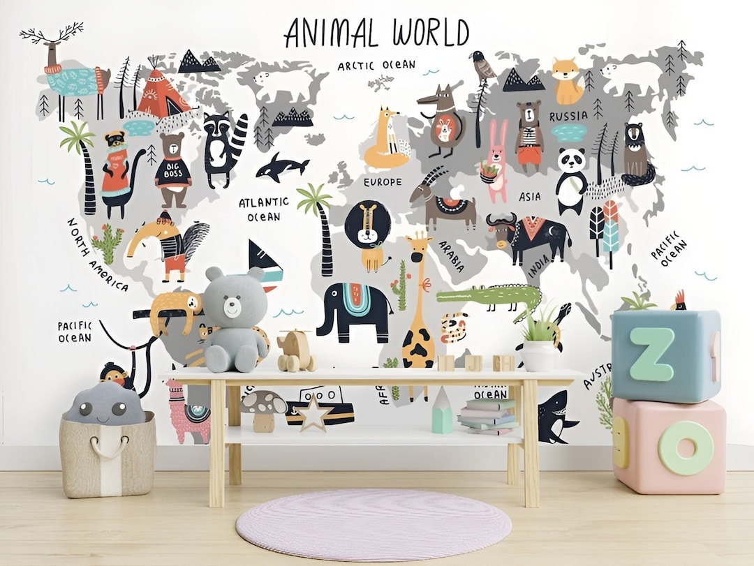 Animal World Map Wallpaper, Kids Room Peel and Stick Wallpaper ...