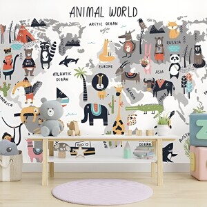 Carta da parati con mappa del mondo degli animali, carta da parati staccabile e incollata per la camera dei bambini, carta da parati educativa, decorazione murale per la scuola materna