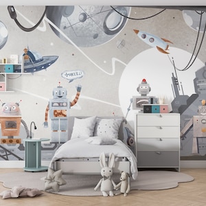Robot Boy Room Wallpaper, Space Wall Mural, Peel and Stick Wall Art, Nursery Wall Decor