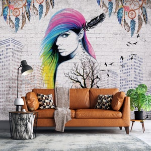 Colorful Woman Wallpaper, Peel and Stick Wall Art, Woman Hair Wall Mural, Chinoiserie Wall Decor