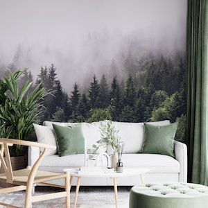 Forest Wallpaper -  Foggy Forest - Nature Wall Mural - Peel and Stick - Living Room Wallpaper - Wall Decor