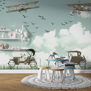 Kids Room Airplane Wallpaper, Nursery Peel and Stick Wallpaper, Boys Room Wallpaper, Blue Wall Mural