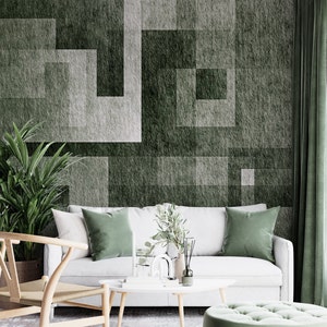 Carta da parati geometrica verde scuro, murale di arte astratta, decorazione da parete a buccia e bastone