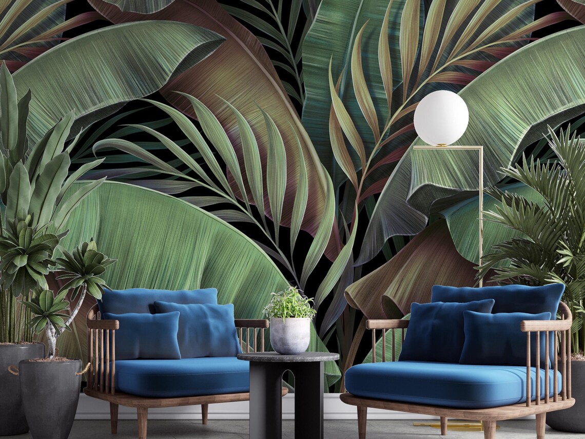 Green Tropical Palm Leaf Wallpaper: Peel and Stick Wall Mural - Etsy