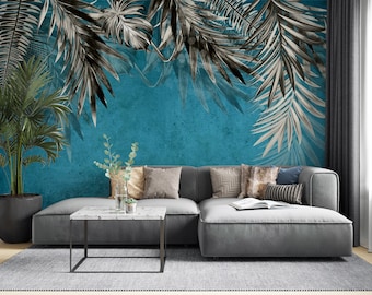 Blue Background Floral Wallpaper, Living Room Wall Mural, Peel and Stick Wall Art