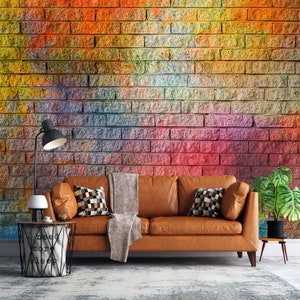 Colorful Art Deco Brick Wallpaper, Vintage Brick Wall Mural, Industrial Old Stone Peel and Stick