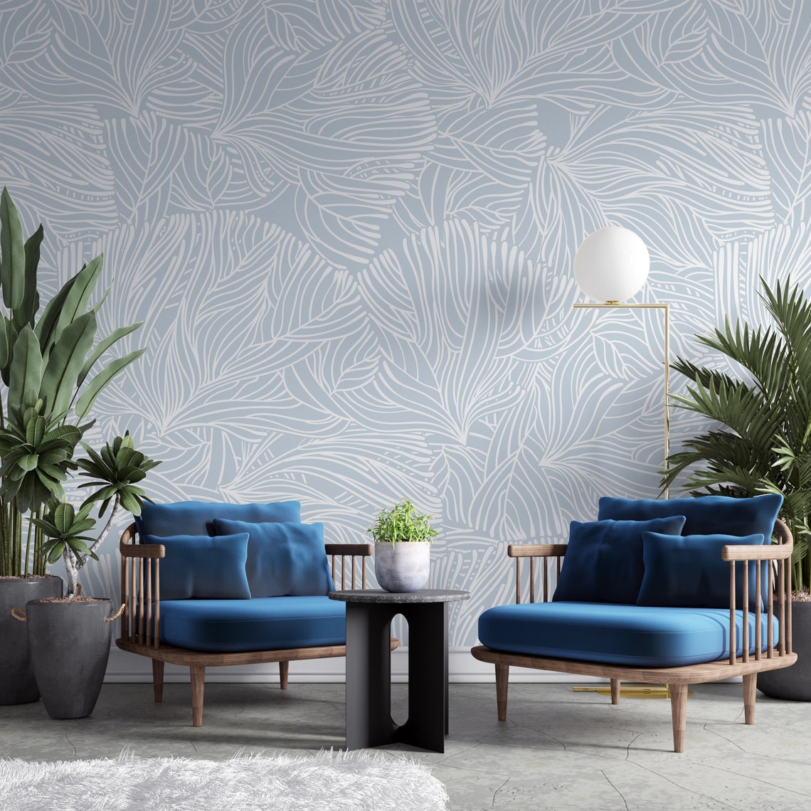 Light Blue Floral Wallpaper Living Room Wall Mural Peel and - Etsy