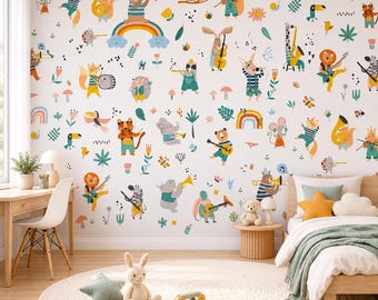 Carta da parati con animali e musica per la cameretta dei bambini, decorazione murale rimovibile, stacca e incolla, decorazione da parete per la cameretta dei bambini