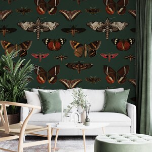 Botanical Wallpaper Peel and Stick Butterfly Pattern, Vintage Removable, Living Room Wall Decor