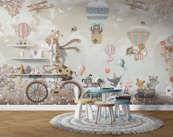 Carta da parati per la cameretta dei bambini con animali, decorazione murale rimovibile con stacca e incolla