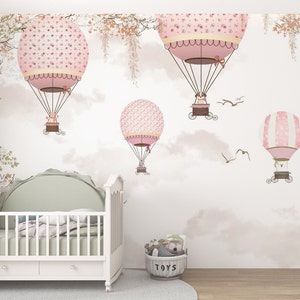 Pink Hot Air Balloons Kids Room Wallpaper, Nursery Wall Mural, Removable Wall Decor