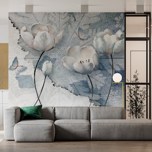 White Floral Wallpaper, 3D Flowers Wallpaper, Background Wallpaper, Peel and Stick Wall Mural