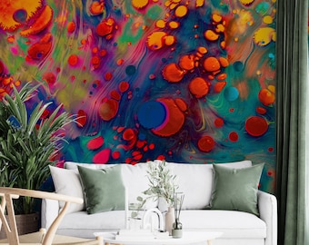 May include: Abstract art print featuring a swirling, colorful background with vibrant red, orange, yellow, blue, and green paint splatters. The background is a dark blue with a marbled effect.