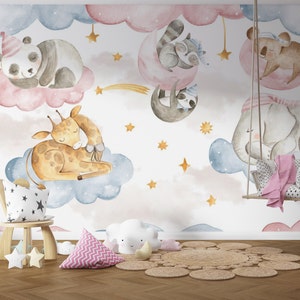 Sleeping Animals Wallpaper, Kids Room Peel and Stick Wallpaper, Nursery Wallpaper, Baby Room Wall Mural