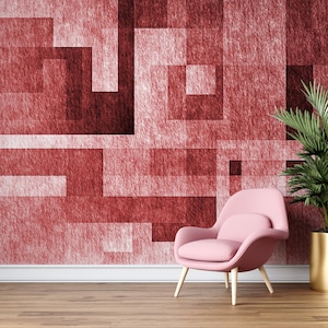 Carta da parati geometrica rosso scuro, murale di arte astratta, decorazione da parete a buccia e bastone
