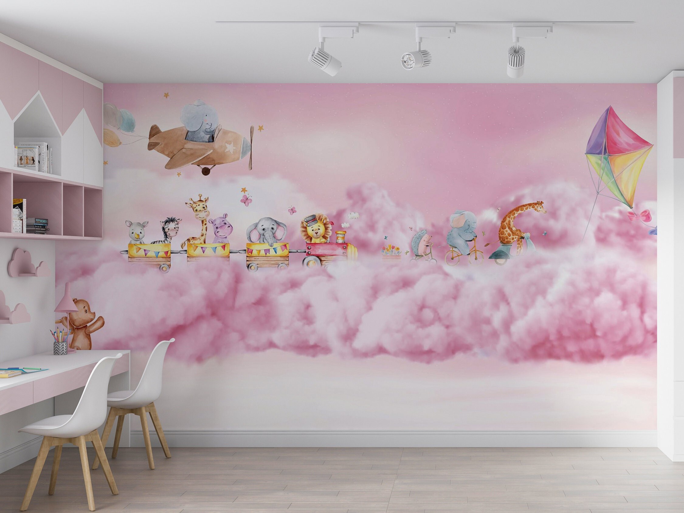 Pink Animals Kids Room Wallpaper, Removable Wall Mural, Peel and Stick ...