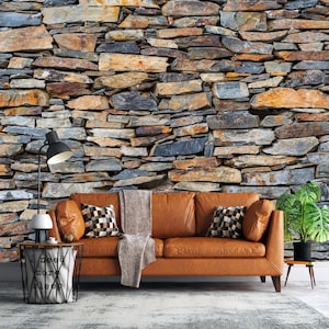 Colorful Stone Wallpaper, Art Deco Textured Wall Mural, Industrial Old Stone Peel and Stick