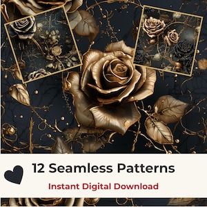 Black & Gold Rose Digital Paper – 12 Seamless Glam Gothic Patterns (Instant Download)
