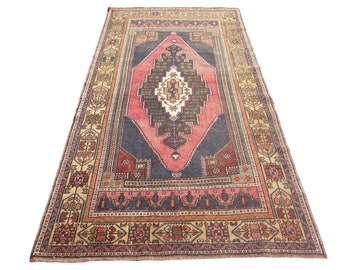 Certificate and Guaranteed Rug Vintage Oushak Rug 3,77 x 6,06 Feet Wool on Cotton,Old Rug,Navy blue and Red Naturel Dyes Made in 1960's