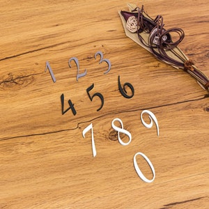 Könnte beinhalten: Die Zahlen 1 bis 9 und 0 sind diagonal auf einer Holzoberfläche angeordnet. Die Zahlen sind in verschiedenen Farben und Schriftarten gehalten. Ein dekoratives Stück getrocknetes Laub befindet sich in der oberen rechten Ecke des Bildes.