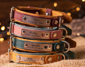 Personalized Leather Dog Collar,  Leather Dog Collar with Name Plate, Custom Dog Collars, Engraved Leather Dog Collar