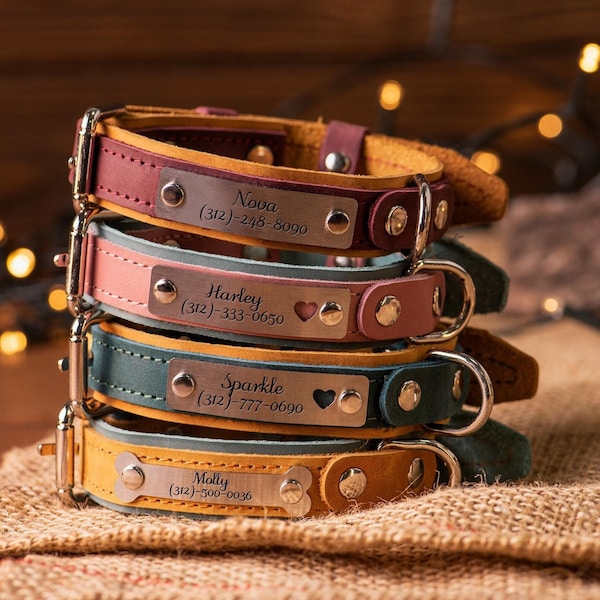 Collar de cuero personalizado para perro, collar de cuero para perro con placa de identificación, collares personalizados para perros, collar de cuero grabado para perro